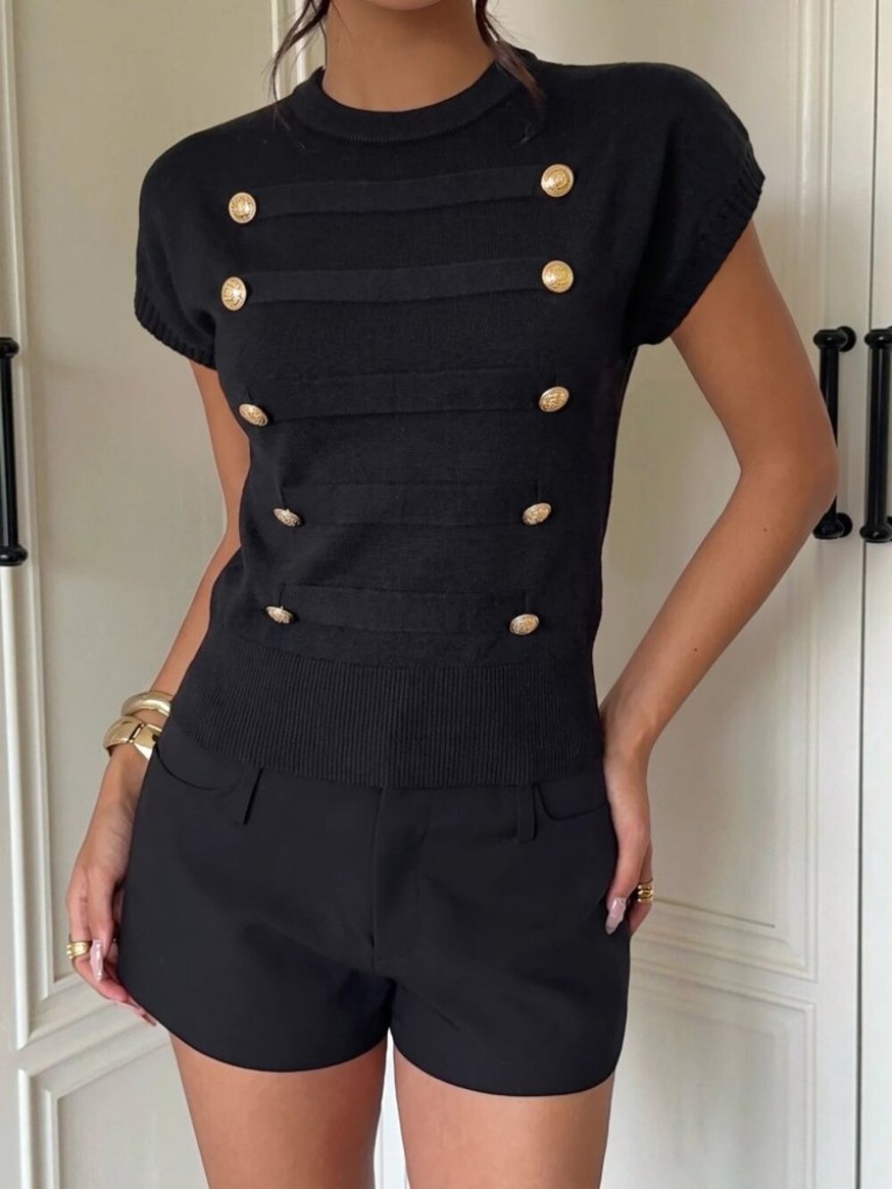 Black Knit Double Breasted Gold Button Sleeveless Sweater Vest Top